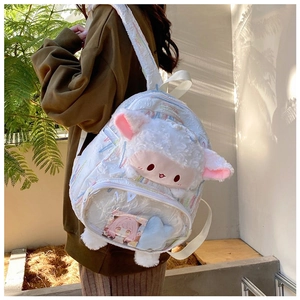 Dettaglio dello zaino a pecorella in peluche bianco con finestra in PVC trasparente