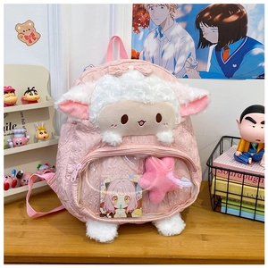 Dettaglio dello zaino in peluche a forma di pecora rosa con finestra trasparente per spille