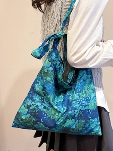 Floral canvas tote bag with bow straps and vintage blue green botanical print