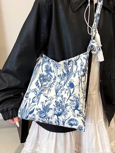 Floral embroidery tote bag with blue patterns, tassel knots and large capacity strap