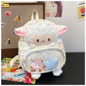 Dettaglio dello zaino di peluche a forma di pecora bianca con tasca in PVC trasparente
