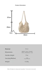 Spécifications de taille pour sac fourre-tout bohème en crochet avec dimensions