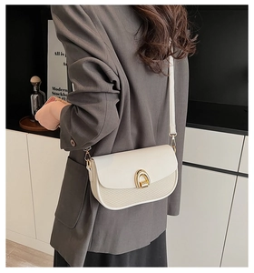 Detail of elegant two-tone crossbody bag featuring woven texture and gold metal buckle