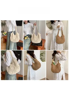 Détails du sac fourre-tout en crochet fait main en beige et marron café élégant
