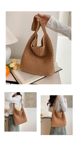 Dettaglio di una borsa tote marrone intrecciata a mano con motivi geometrici e spalline