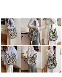 Multi-angle view of black and white crochet tote bag with geometric boho pattern
