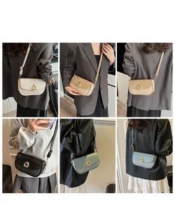 Collage of four stylish saddle bags in white, beige, black, and blue with woven texture