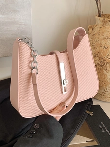 Women's Urban Minimalist Woven Texture Underarm Bag PU Leather Shoulder Bag With Silver Chain Metal Lock Commuter Fashion Hobo Bag