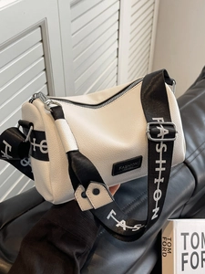 Women PU Leather Boston Bag Wide Letter Print Strap Fashion Crossbody Bag Casual Travel Commuter Pillow Shoulder Bag Handbag