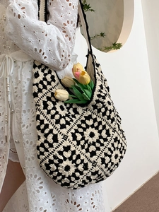 Ethnic style black and white granny square crochet tote bag for women's casual shoulder wear