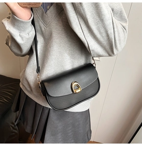 Detail of black crossbody bag featuring woven texture panel and gold horseshoe clasp buckle