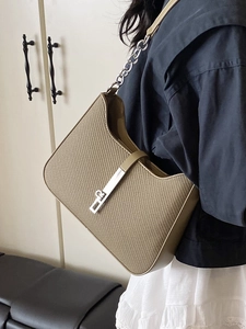 Minimalist khaki woven underarm bag for women with silver chain strap and metal buckle