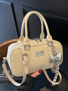 Women Fashion PU Leather Boston Crossbody Bag Minimalist Commuter Handbag With Bow Pendant Solid Color Chic Bowling Bag