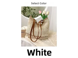 Detail of bohemian cream crochet tote bag with brown leather straps in a lifestyle setting