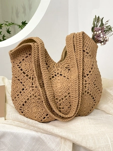 Sac fourre-tout hobo tissé style bohème avec motif floral ajouré en crochet kaki