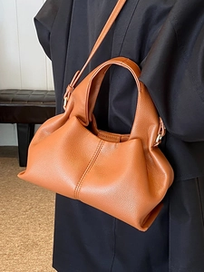 Chic caramel brown pleated cloud tote bag in lychee texture leather for women