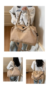 Detail showing high-capacity beige suede tote bag with NINGJIA logo and dual straps