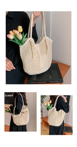 Detail view of cream crochet tote bag with fringe tassels and hand-woven hollow pattern