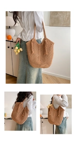 Detailed macro view showing brown hand-woven crochet patterns and boho tassel ornaments