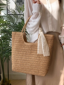 French style woven straw tote bag with white lace ribbon detail and large capacity