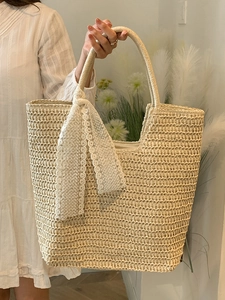 French style woven straw tote bag in beige with delicate white lace ribbon decoration