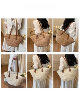 Detail shots of large woven straw tote bags in brown and beige with long leather straps