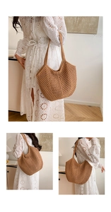 Detailed view of hollow knit shoulder bag with intricate woven texture and beige cotton rope