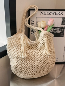 Women Woven Hollow Tote Bag Retro Bohemian Style Crochet Shoulder Bag With Tassels Beach Vacation Casual Handbag Cream Khaki
