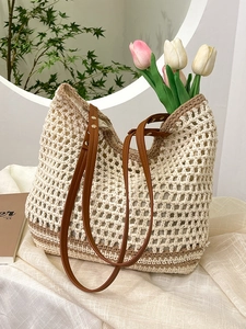 Women Woven Tote Bag Hollow Crocheted Beach Bag Summer Vacation Shoulder Handbag Soft Casual Commuting Shopping Bag