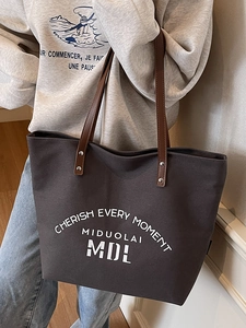Large capacity vintage canvas tote bag in dark brown with elegant leather handles for women
