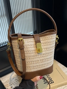 Women's Fashion Straw Woven Bucket Bag Brown PU Leather Splicing Metal Lock Beige Handbag Casual Vacation Crossbody Shoulder Bag