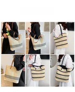 Collage of woven straw tote bags showing different angles and daily wear styling