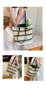 Detailed macro view of cream woven tote bag featuring stylish black stripes and slim straps