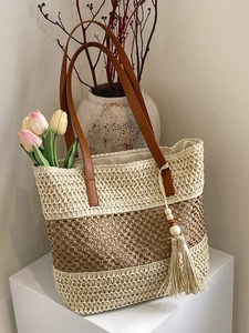 Damen Stroh Umhängetasche Große Kapazität Farbblock Tote Strandtasche Mit PU Leder Riemen Und Quaste Für Den Urlaub
