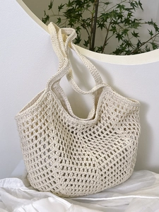 2025 Fashion Women Woven Tote Bag Hollow Out Crochet Shoulder Bag Large Capacity Casual Beach Handbag PU Polyester Cotton