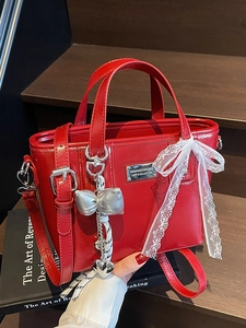 Women Oil Wax PU Leather Bucket Bag Minimalist Crossbody Bag With Lace Bow Charm Heart Pendant Fashion Shoulder Handbag