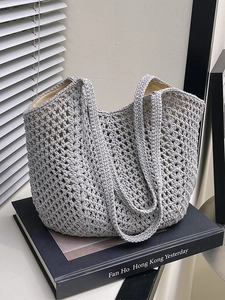 Medium gray knitted crochet tote bag with hollow mesh pattern and large capacity