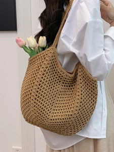 Handmade crochet hollow-out tote bag in khaki, lightweight large capacity shoulder beach bag