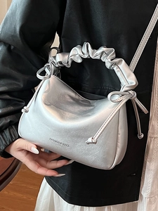 Silver metallic pleated handbag and crossbody bag with fashion text for casual wear