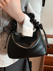 Fashionable black ruched handle pillow bag with drawstring and shoulder strap for women