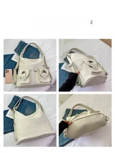 Detailed views of beige lychee leather tote bag with functional pockets and versatile straps
