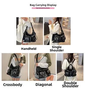 Black pebbled leather tote shown in five styles: hand-carried, shoulder, crossbody, and backpack