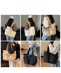 Detail shots showing multi-pocket nylon tote bag in cream, beige, and black colors