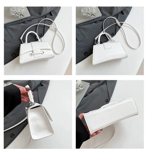 Detailed views of white hourglass handbag with adjustable strap and textured leather finish