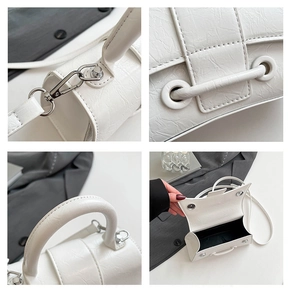 Detail shots of crinkled white leather handbag showing strap stitching and silver hardware
