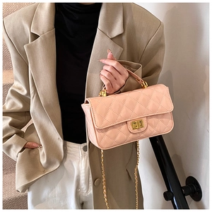 Detailed macro view of pink quilted patent leather handbag with golden chain strap