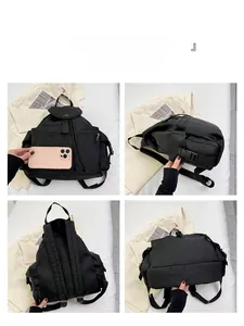 Detailed four-angle view of black nylon backpack with phone size comparison