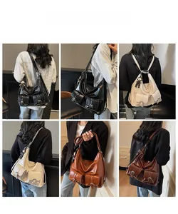 Multi-angle view of waxed PU leather tote bag in four colors with monkey keychain charm