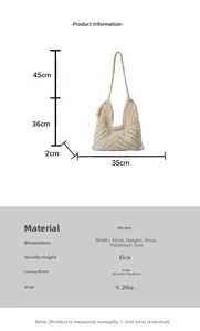Infographie montrant les dimensions et le poids du sac à bandoulière tissé beige ajouré