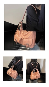 Detail view of pink wax leather tote bag with multi-pockets and soft natural texture